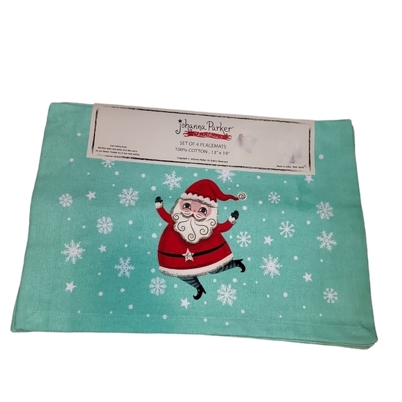 JOHANNA PARKER Mint Green SANTA CLAUS Christmas Cotton PLACEMATS Set of … - Picture 7 of 7